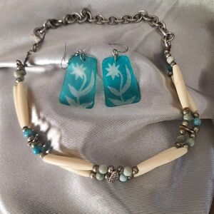 (Vintage Native American Navajo Pueblo) Silver and Blue Floral Jewelry Set